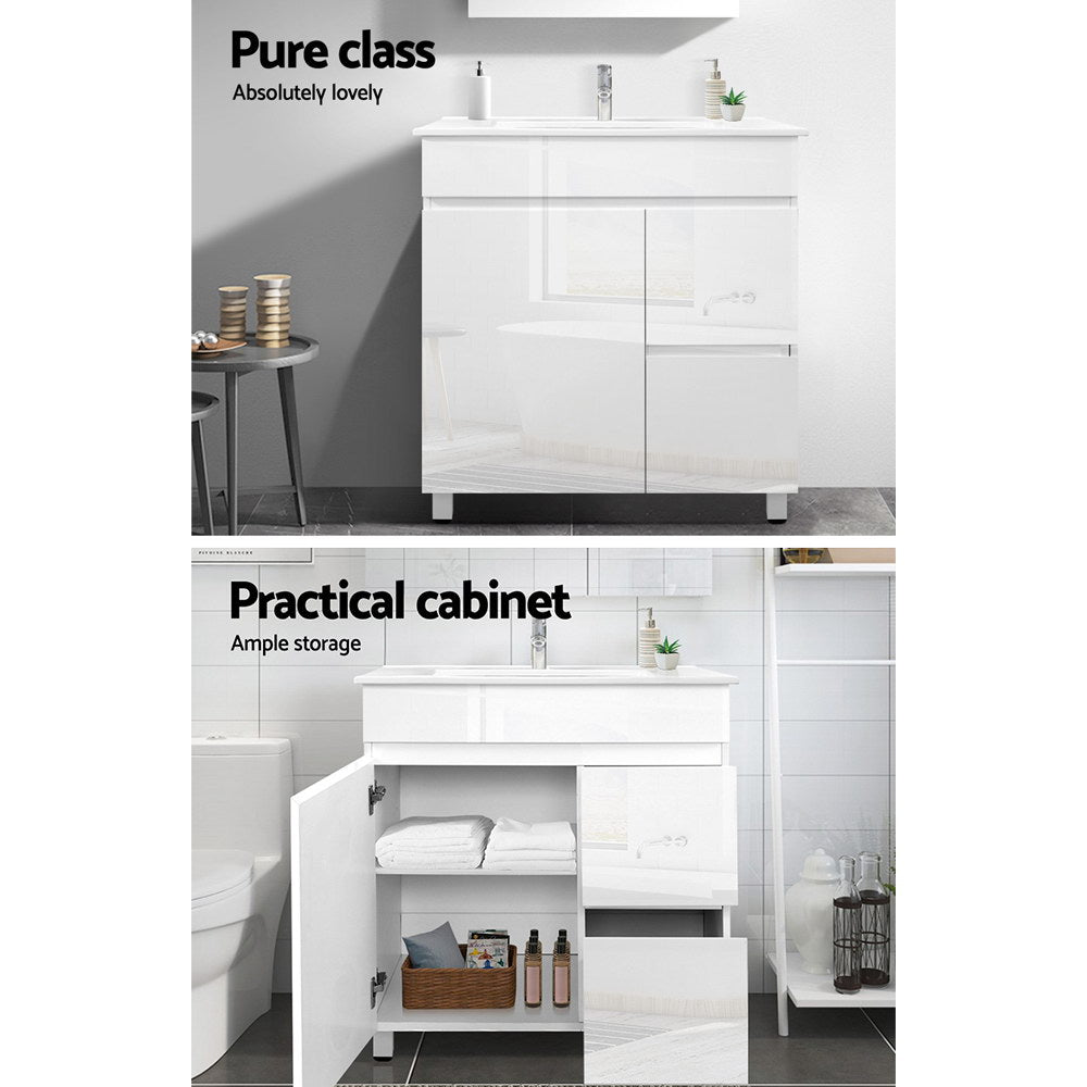 Vanity Unit 765mm Freestanding Basin Cabinet with high-gloss finish, modern design, and ample internal storage space