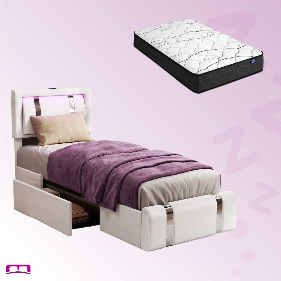 Single Package | Brighton LED Storage Bed Frame White & Glay Bonnell Spring Mattress (Medium Firm)