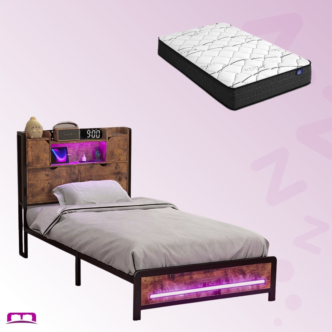 Single Package | Kensley LED Storage Bed Frame Industrial & Glay Bonnell Spring Mattress (Medium Firm)