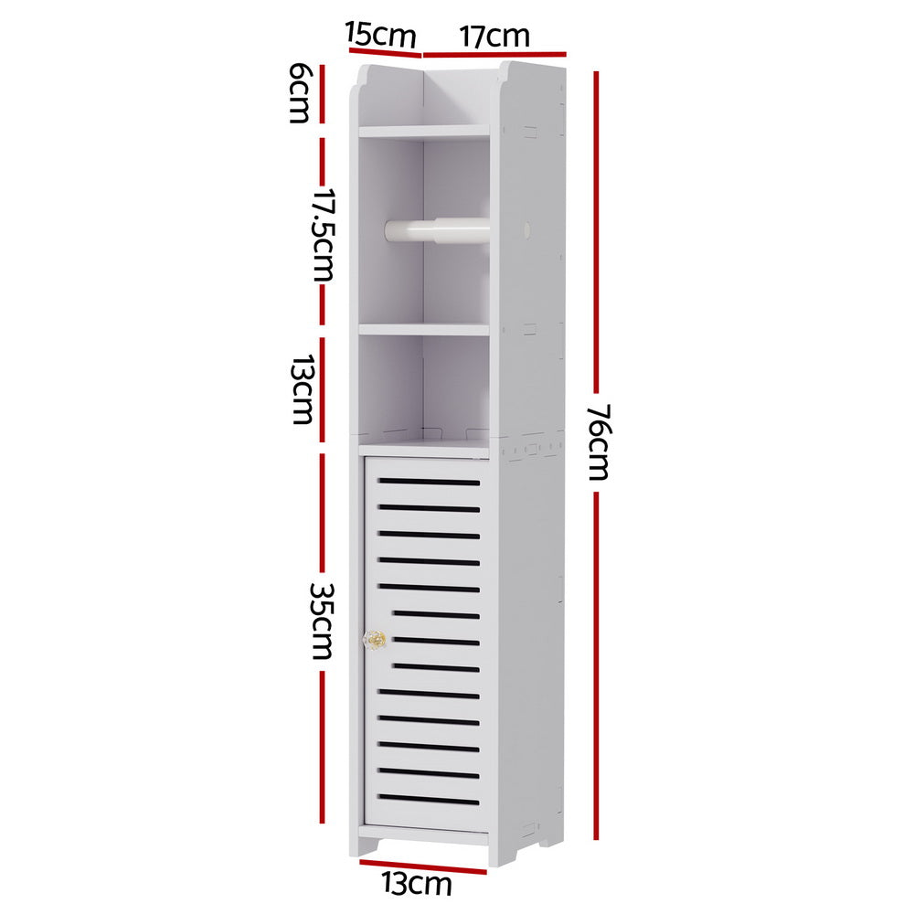 Bathroom Cabinet Toilet Roll Holder Tissue Organizer 3 Tier Floor Cabinet with shelves and storage door, slim design with dimensions shown