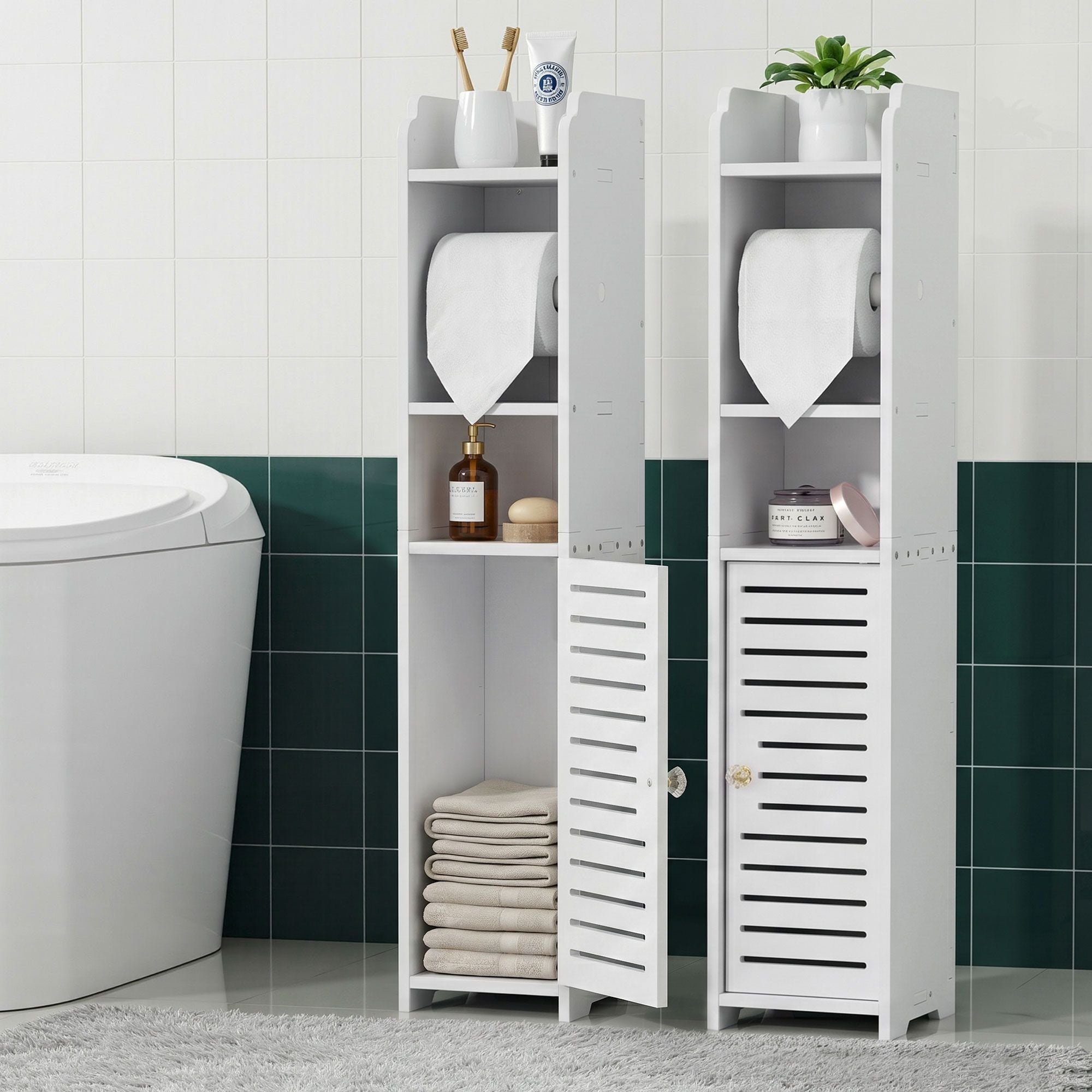 2X Slim Bathroom Storage Cabinets with Toilet Roll Holder 76cm - White