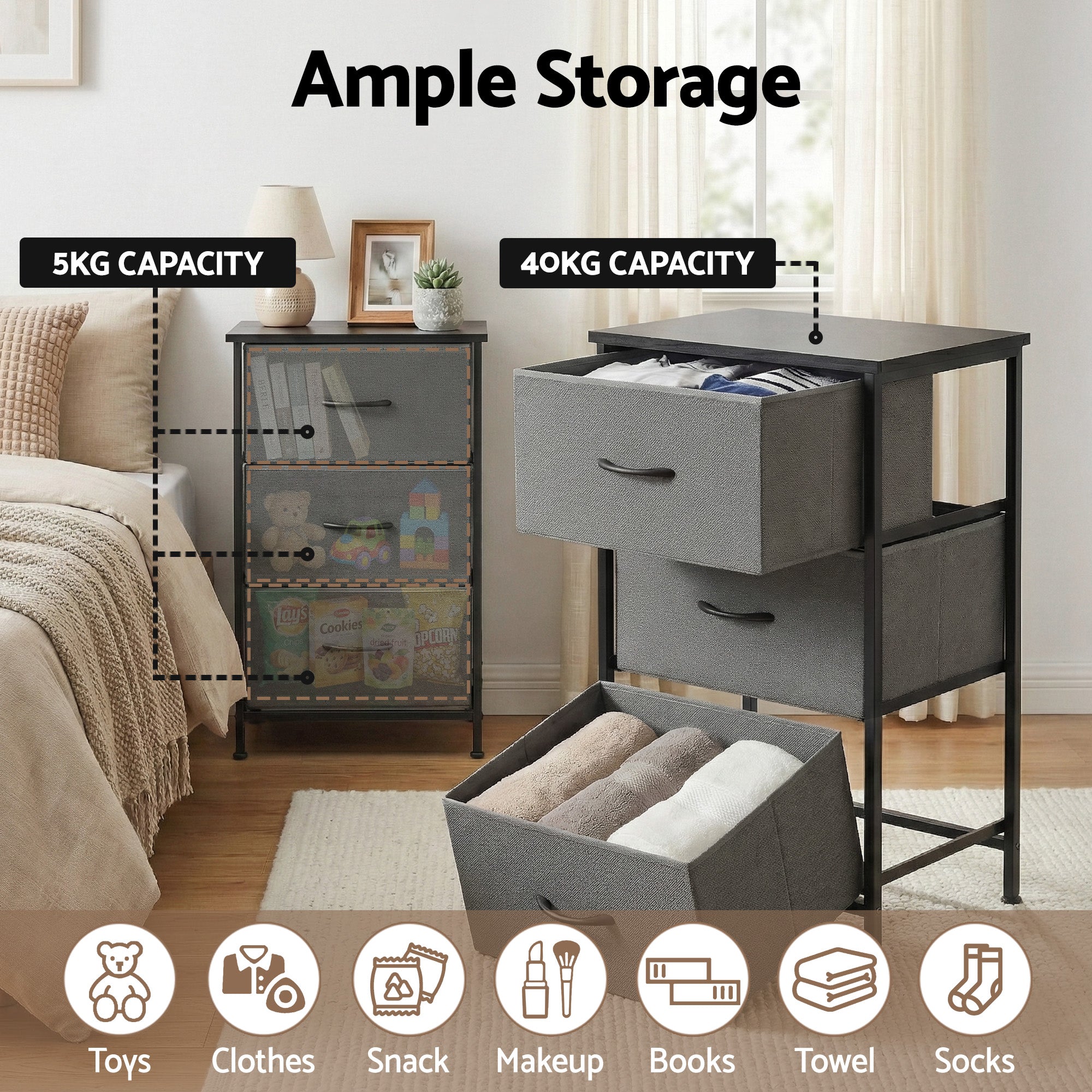 Chest of 3 Drawers Storage Dresser Tallboy Grey with fabric drawers and black metal frame in bedroom setting