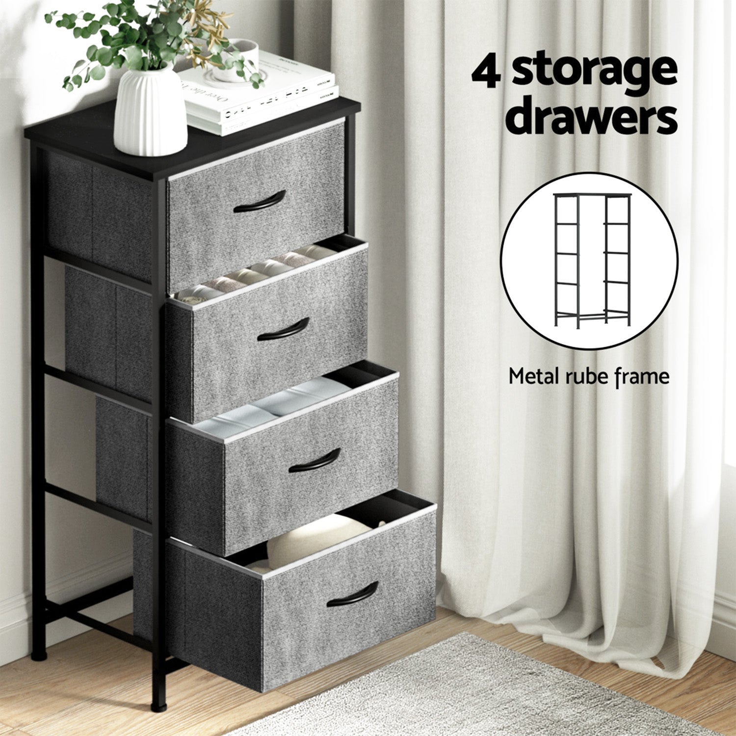 Set of 2 Chest of 4 Drawers Storage Dresser Tallboy Grey