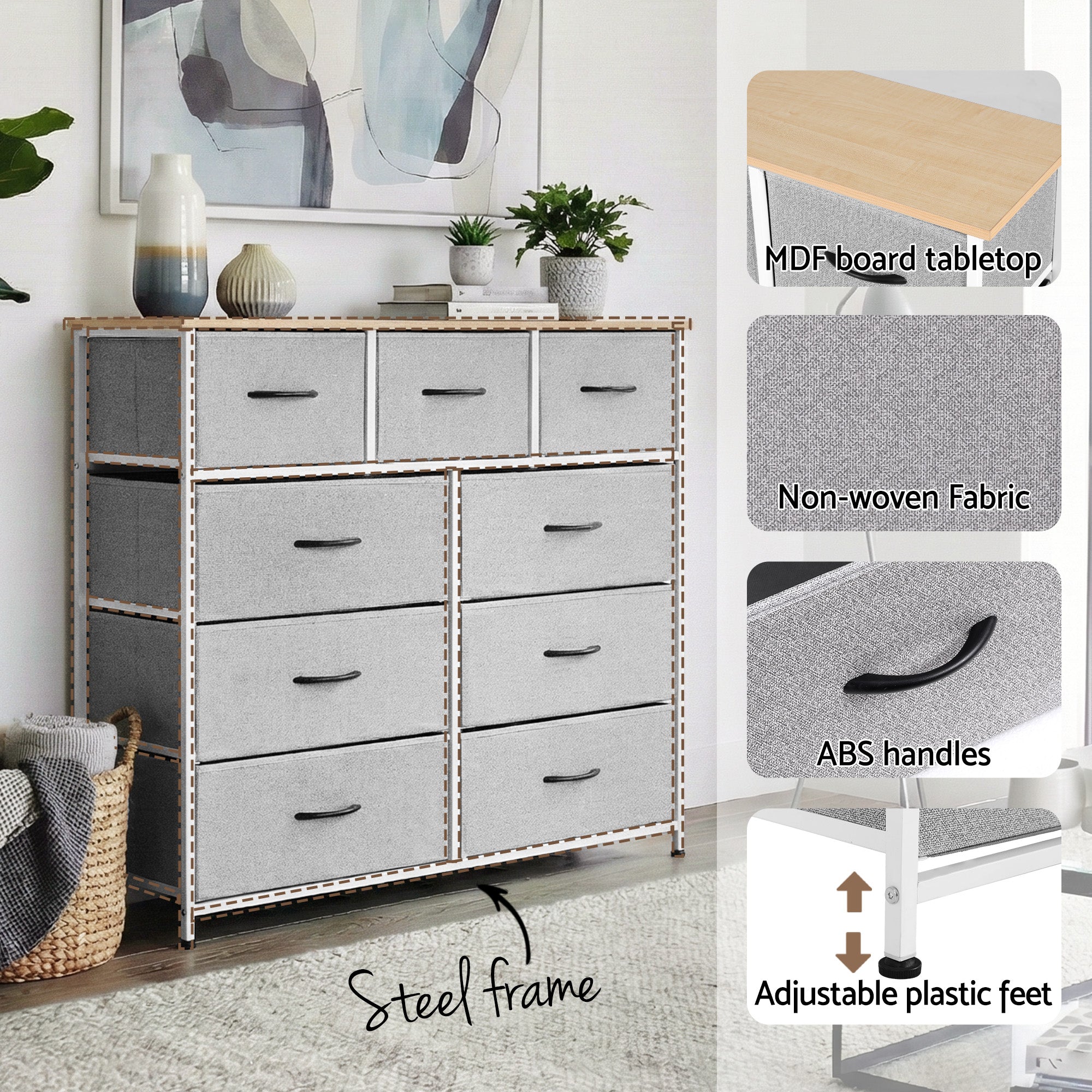 Chest of 9 Drawers Storage Dresser Tallboy Light Grey