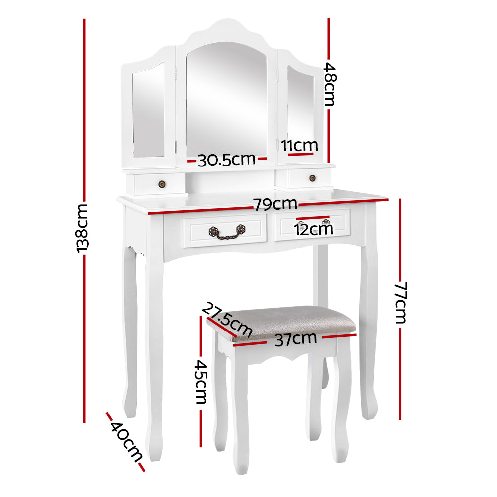 Dressing Table with Mirror - White featuring three mirrors, two drawers, and matching cushioned stool with vintage handles