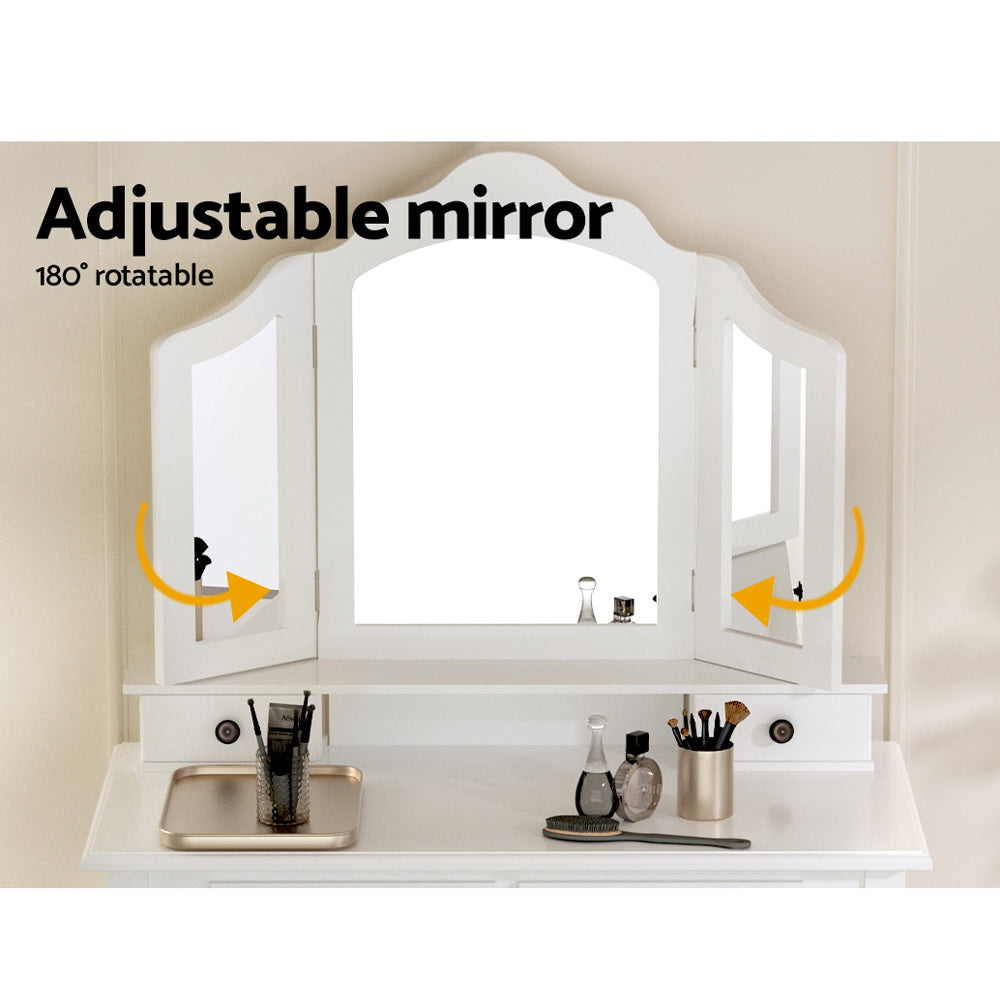 Dressing Table with Mirror - White featuring adjustable 180-degree rotatable mirrors and elegant storage surface for bedroom furniture.