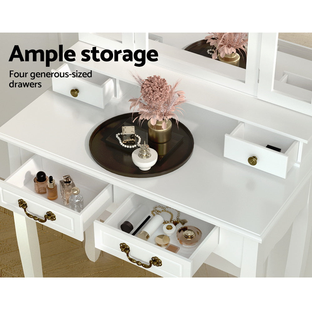 Dressing Table with Mirror - White featuring four spacious drawers and vintage-style brass handles on wood floor background.