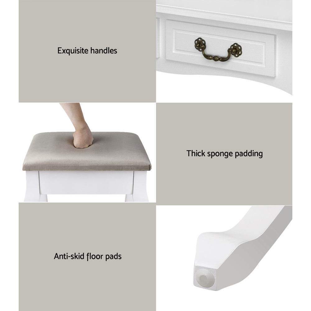 Dressing Table with Mirror - White featuring exquisite handles, thick sponge padding, and anti-skid floor pads in bedroom furniture style