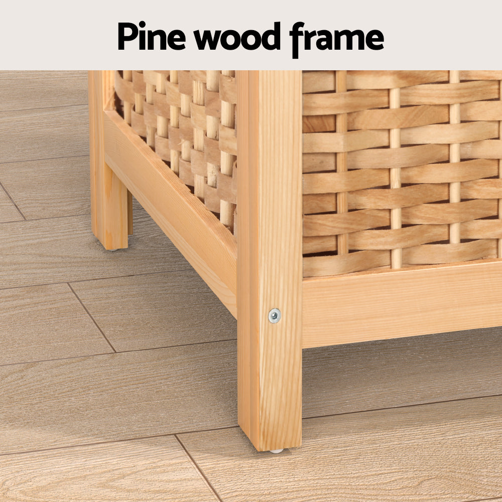 Close-up of pine wood frame detailing on Laundry Hamper Bathroom Storage Cabinet Wooden Organiser Bag Clothes on tile floor