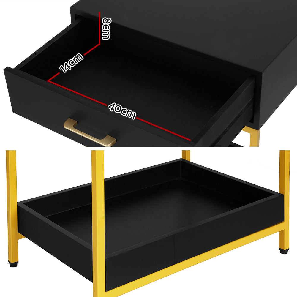 Bedside Table With Top Drawer & Bottom Tray - Black With Gold Trim