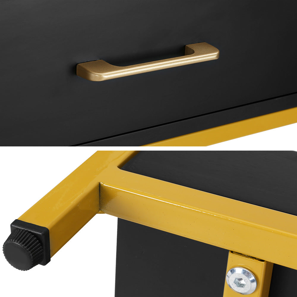 Bedside Table With Top Drawer & Bottom Tray - Black With Gold Trim