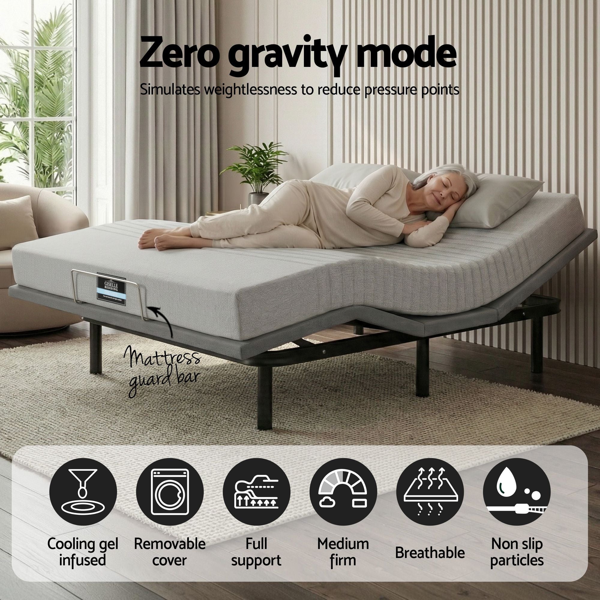 Double Bed Frame and Giselle Bedding Double Memory Foam Mattress Set, Electric Bed Base with Zero Gravity & 7 Zone Cooling Comfort for Back Pain Relief, Black & Grey,15cm Thickness