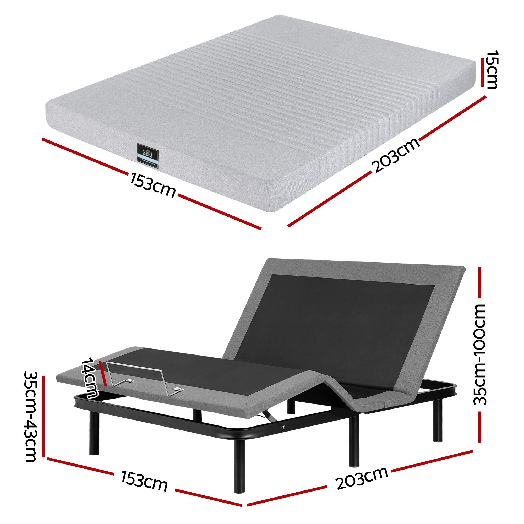 Queen Bed Frame and Giselle Bedding Queen Memory Foam Mattress Set, Electric Bed Base with Zero Gravity & 7 Zone Cooling Comfort for Back Pain Relief, Black & Grey, 15cm Thickness