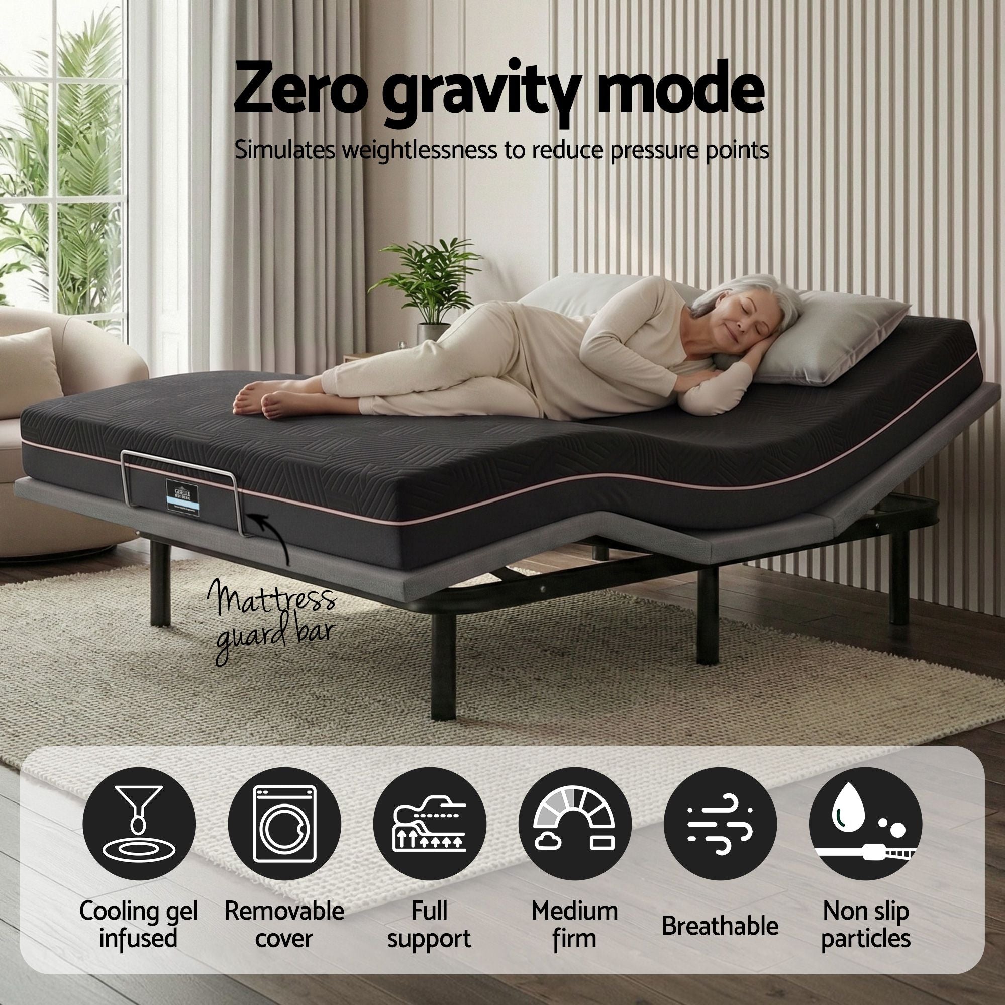 Double size bed frame with Giselle Bedding Double Mattress, adjustable bed Base Combo for Snoring Relief, Independent Head Foot Incline, Wireless Remote, Black,18cm Thickness
