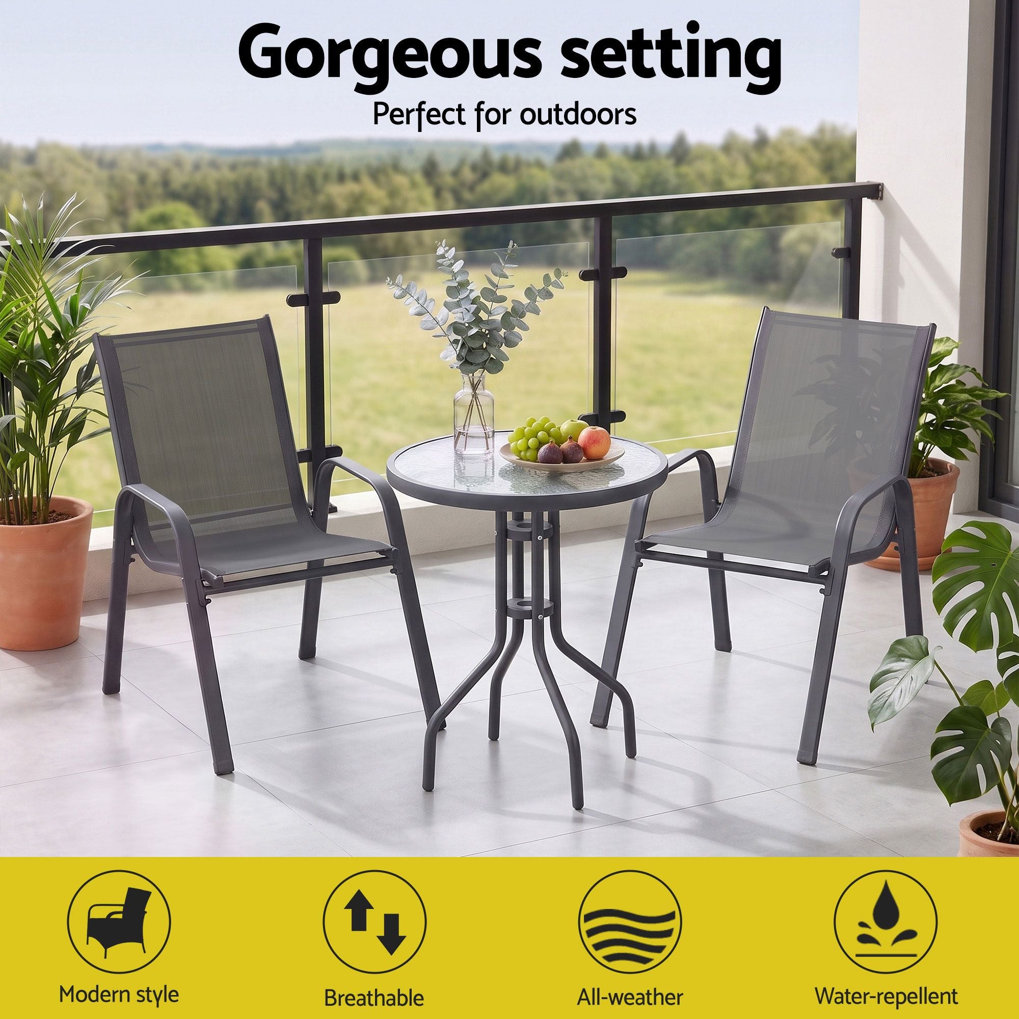 3PC Outdoor Bistro Set Table and Chairs Stackable Patio Furniture Grey
