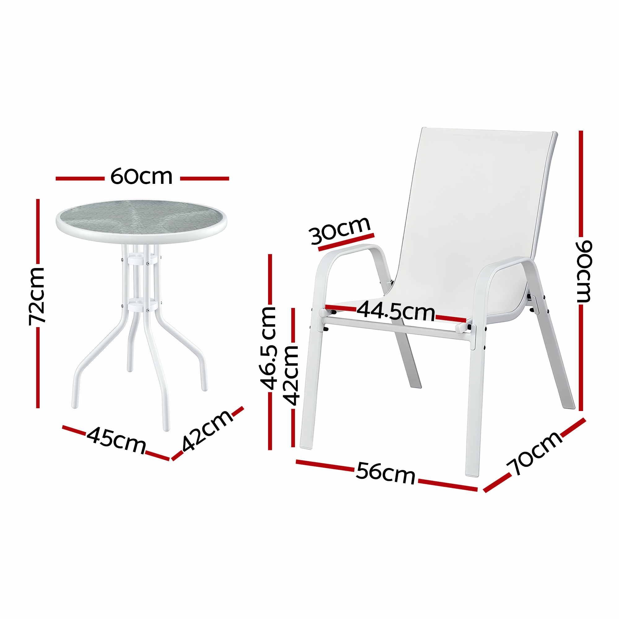 3PC Stackable Outdoor Bistro Set with Tempered Glass Table - White