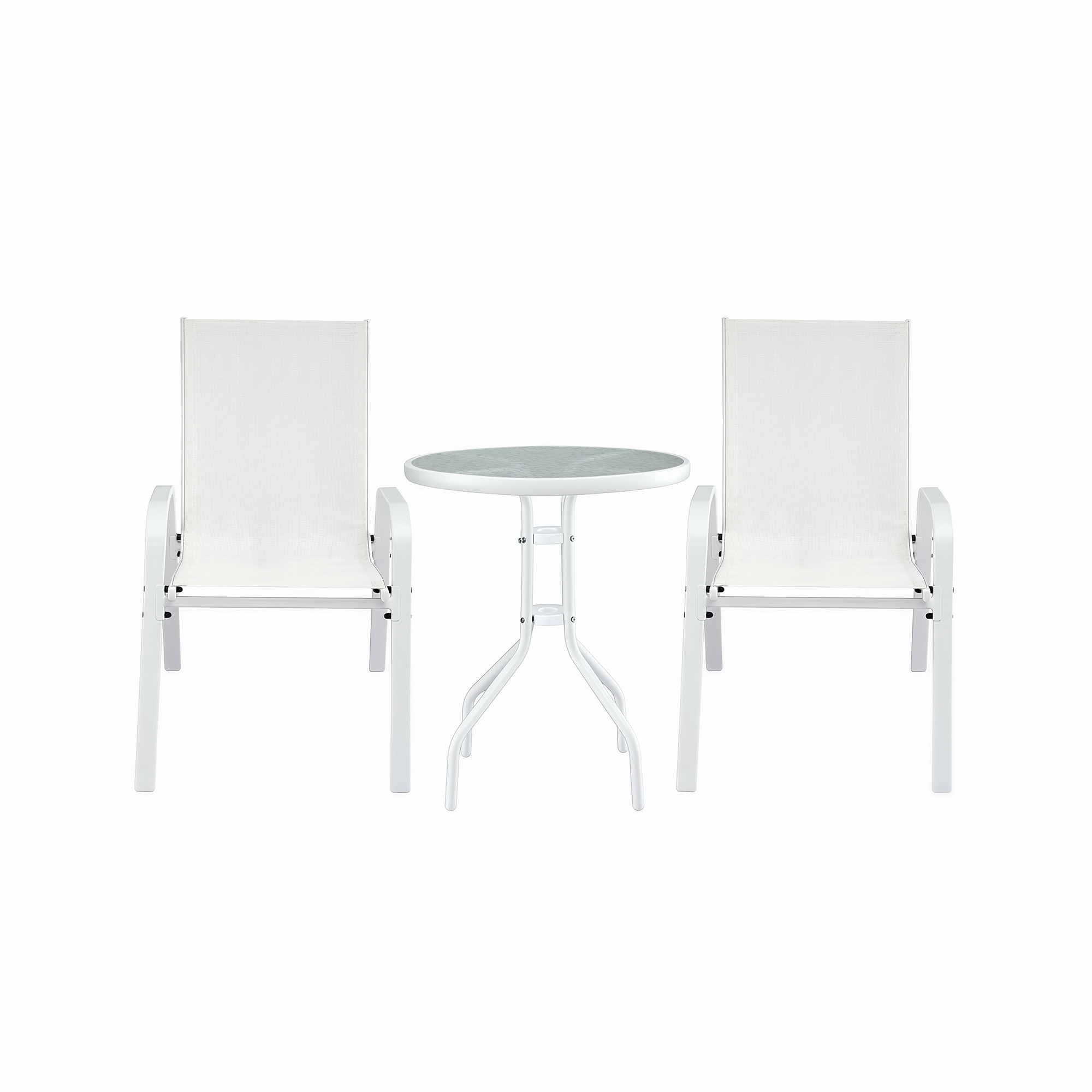 3PC Stackable Outdoor Bistro Set with Tempered Glass Table - White