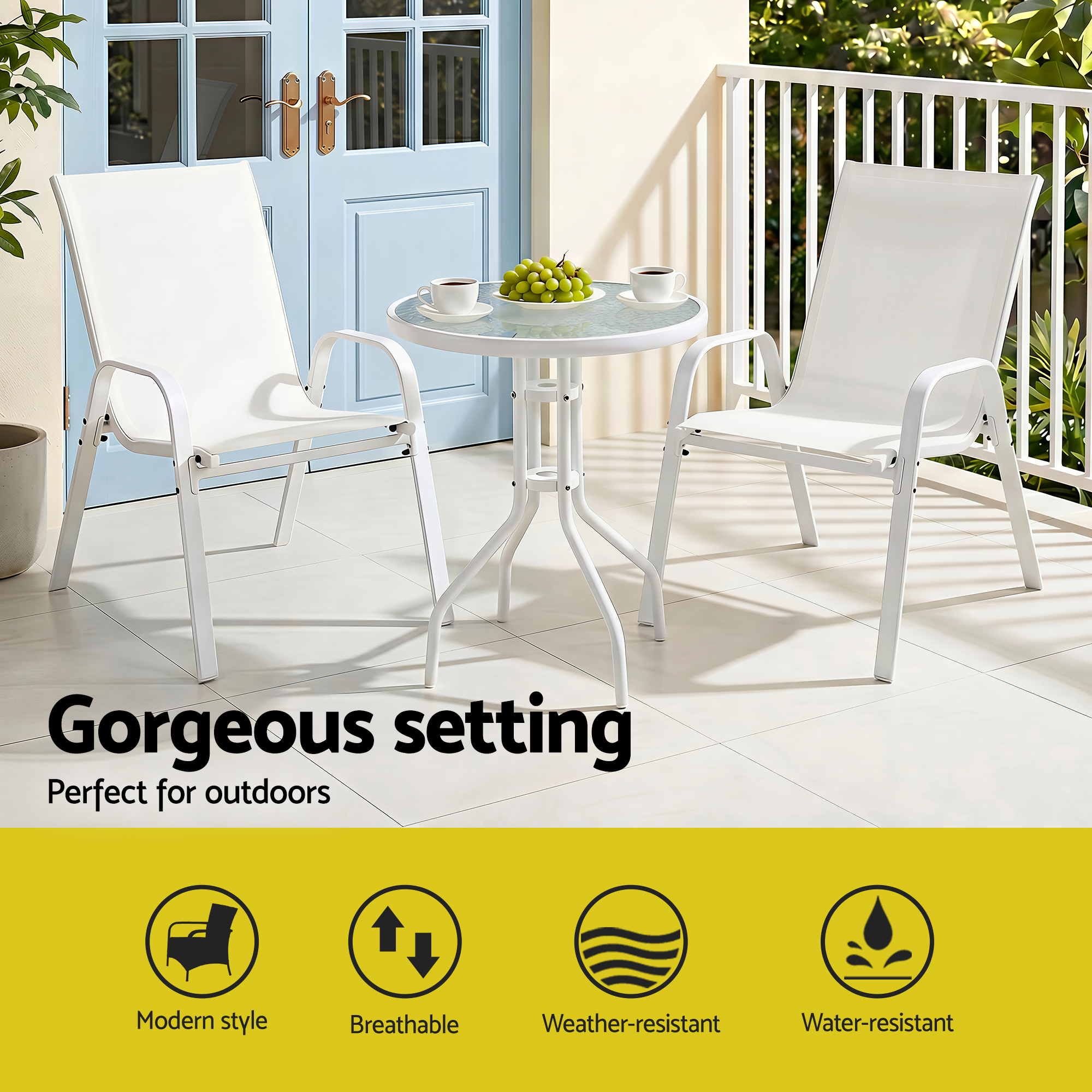 3PC Stackable Outdoor Bistro Set with Tempered Glass Table - White