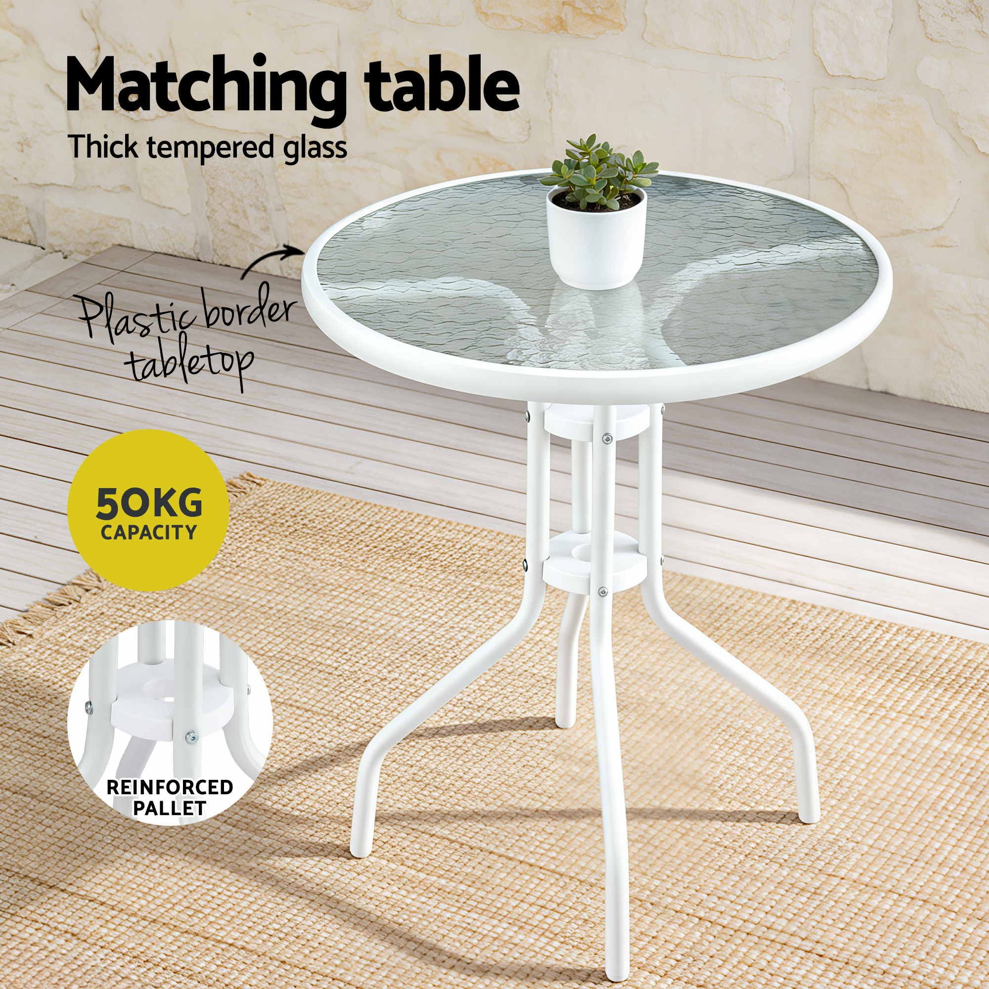 3PC Stackable Outdoor Bistro Set with Tempered Glass Table - White