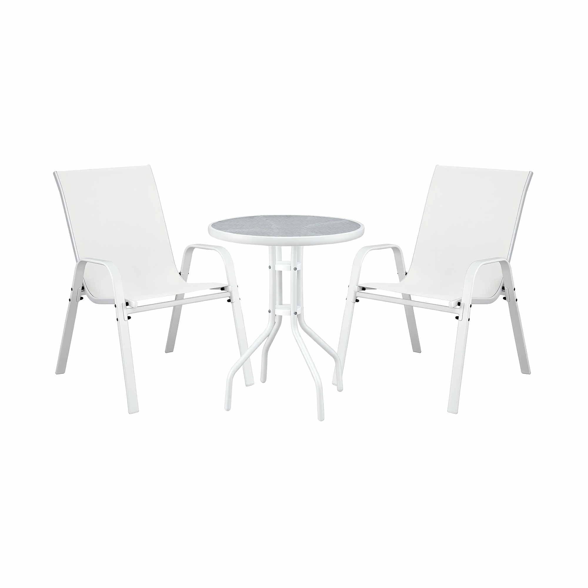 3PC Stackable Outdoor Bistro Set with Tempered Glass Table - White