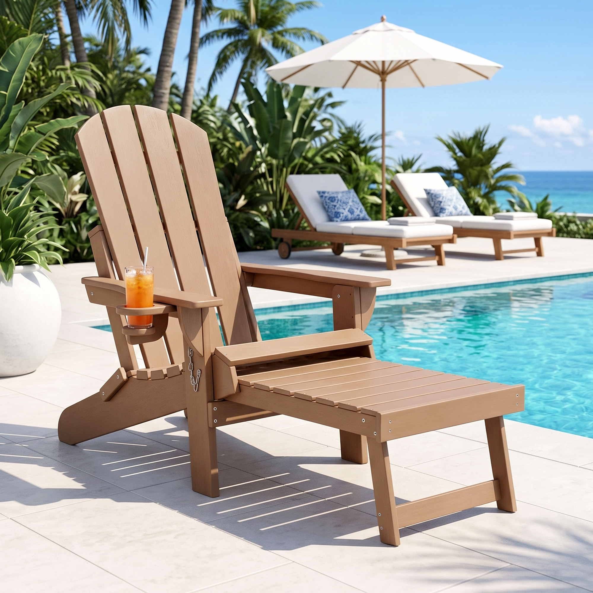 Folding Adirondack Sun Lounger with Recliner and Footrest - Khaki
