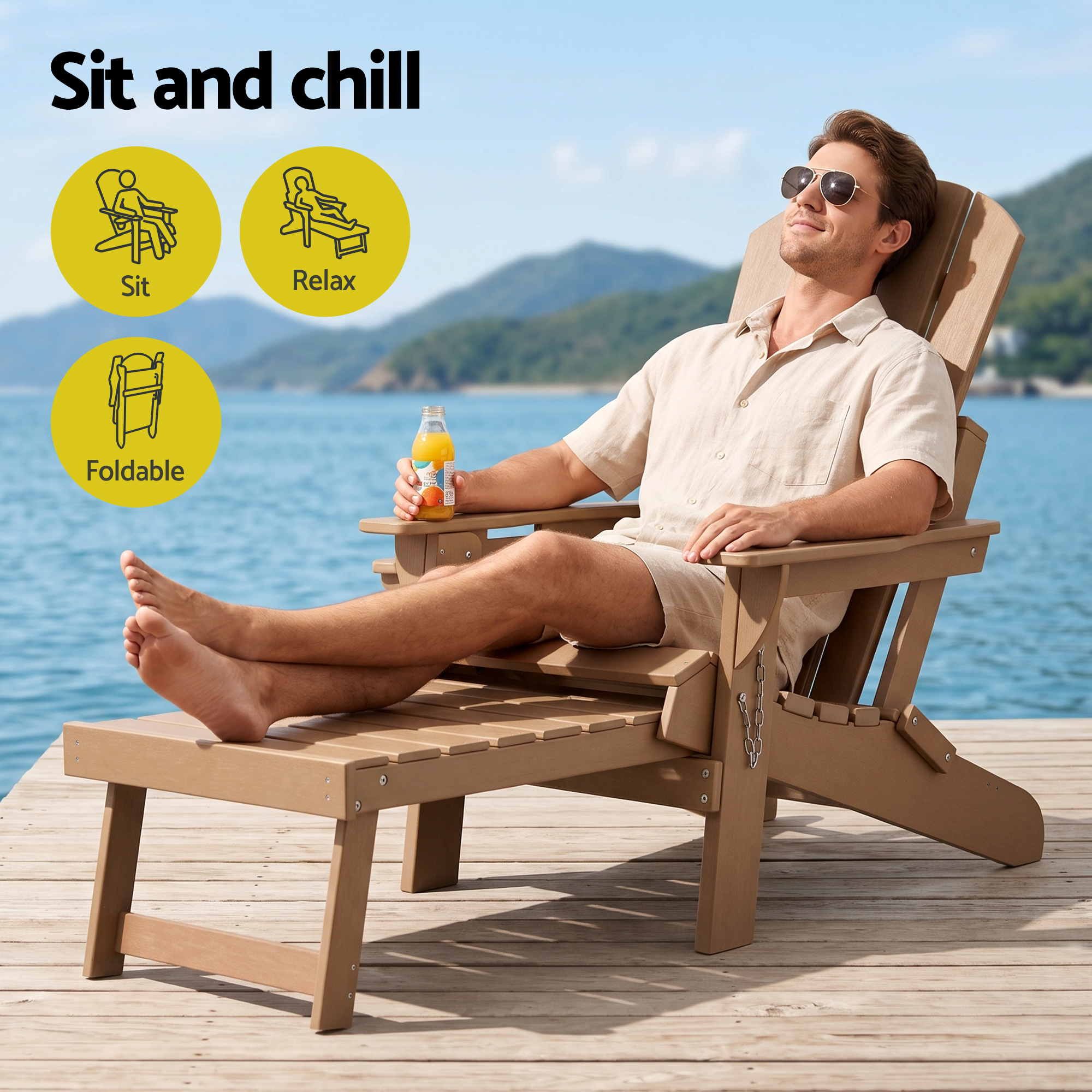 Folding Adirondack Sun Lounger with Recliner and Footrest - Khaki