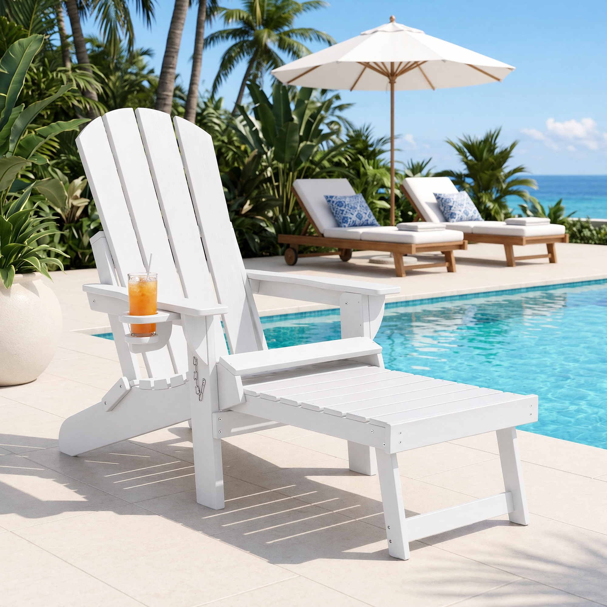Folding Adirondack Sun Lounger with Recliner and Footrest - White