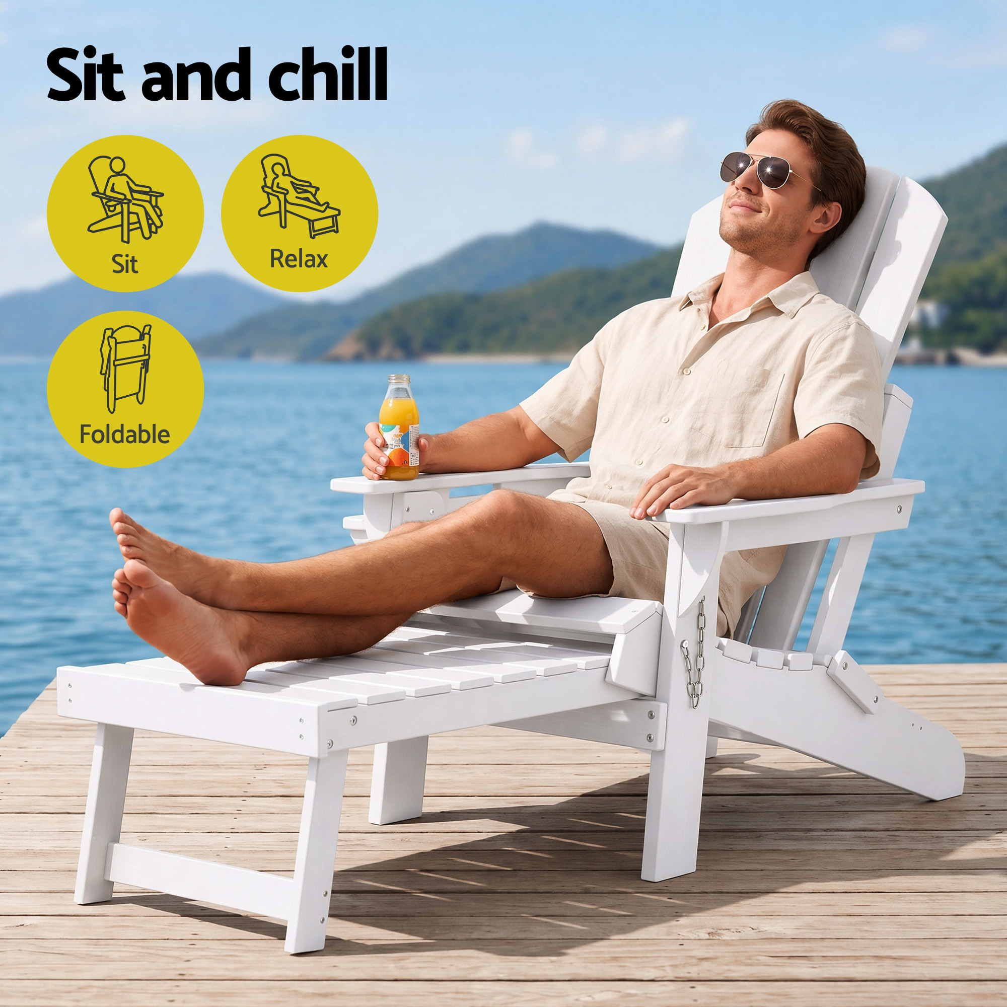 Folding Adirondack Sun Lounger with Recliner and Footrest - White