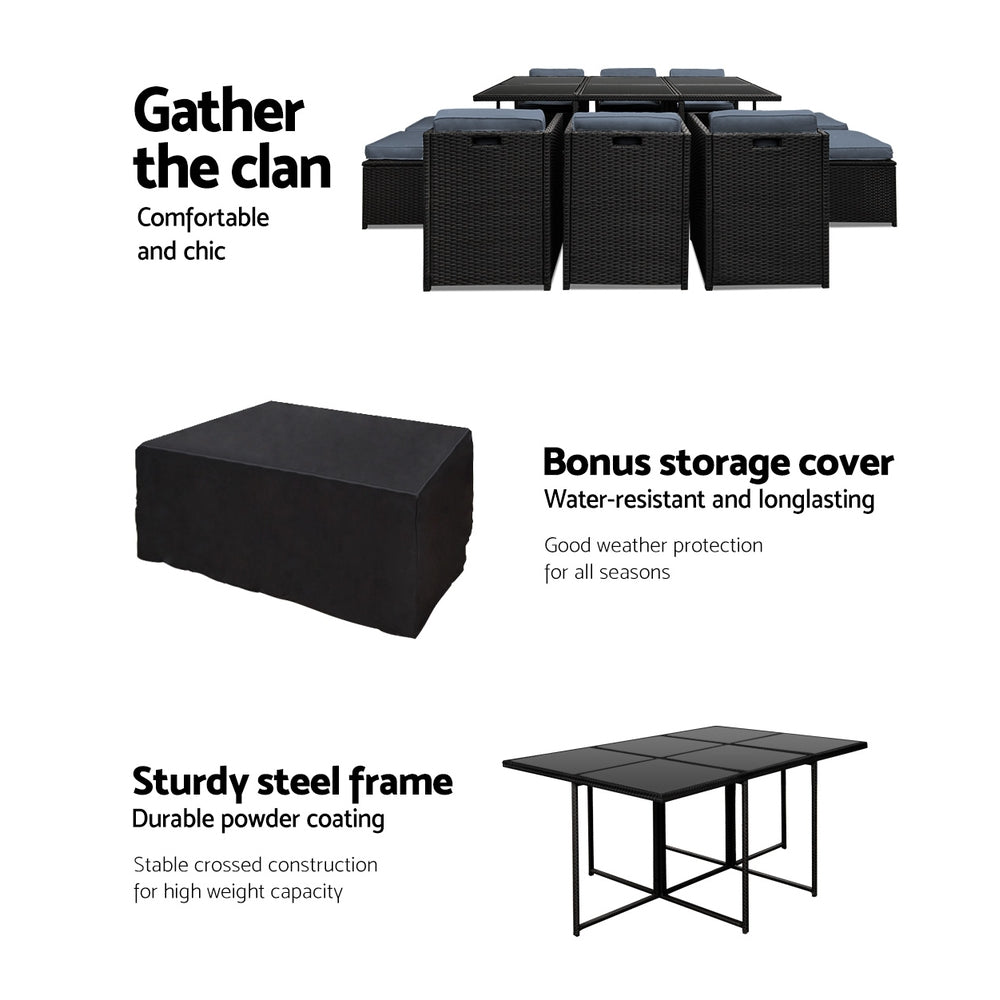 Outdoor Dining Set 11 Piece Wicker Table Chairs Setting Black with storage cover and sturdy powder-coated steel frame features