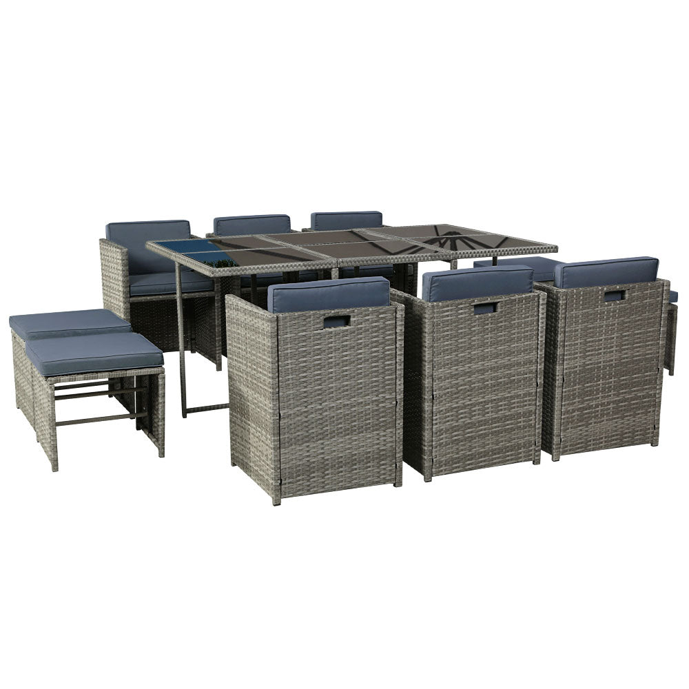 Outdoor Dining Set 11 Piece Wicker Table Chairs Setting Grey with cushioned seats and glass tabletop, modern wicker design