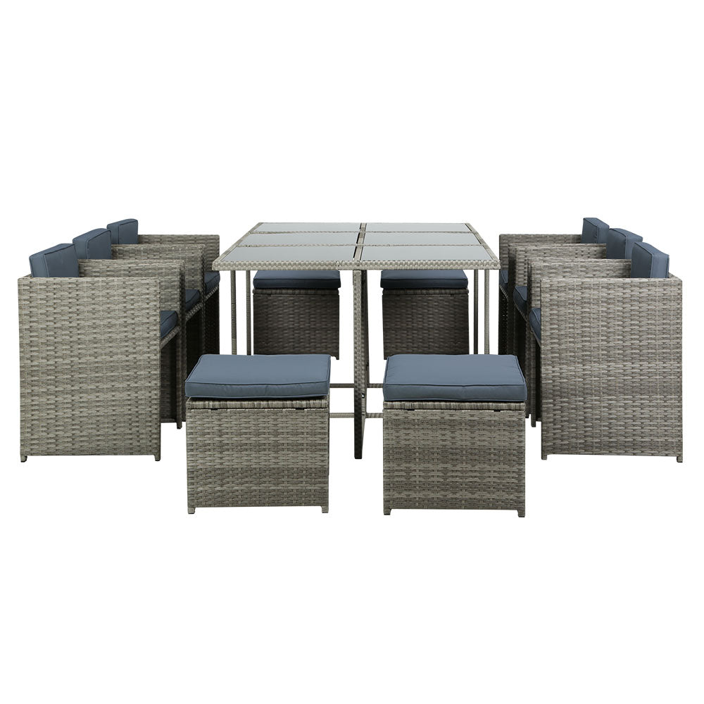 Outdoor Dining Set 11 Piece Wicker Table Chairs Setting Grey with cushioned seats and glass-top table on white background
