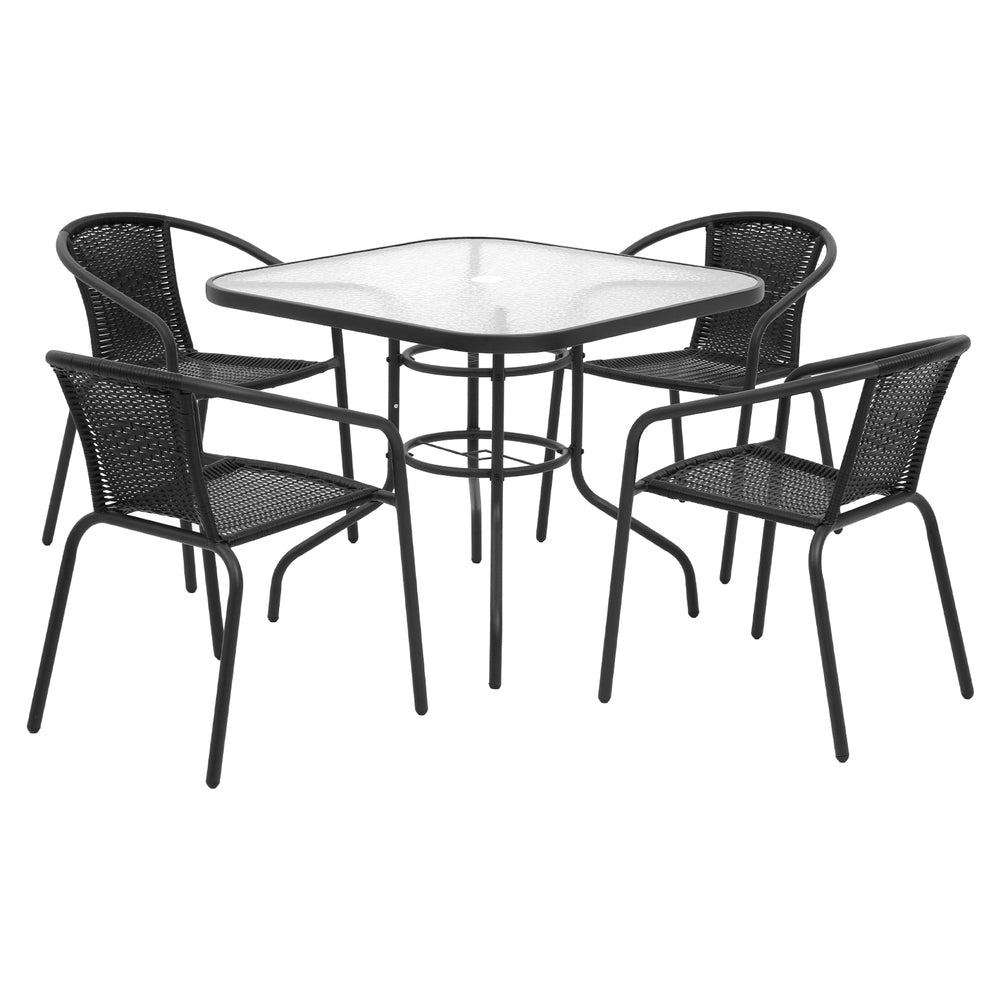 5 Piece Outdoor Dining Set with Stackable Chairs - Black metal frame with woven chairs and square glass top table for outdoor use
