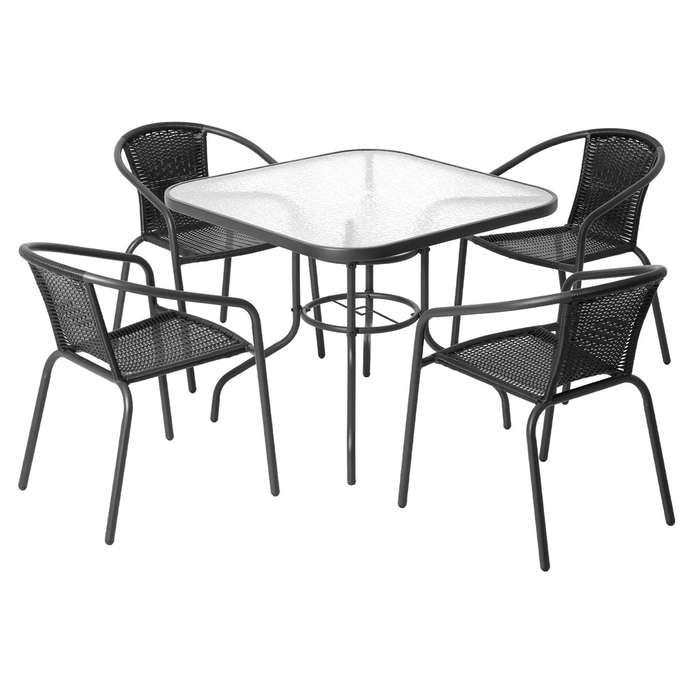 5 Piece Outdoor Dining Set with Stackable Chairs - Black featuring a square glass table and four black metal mesh chairs