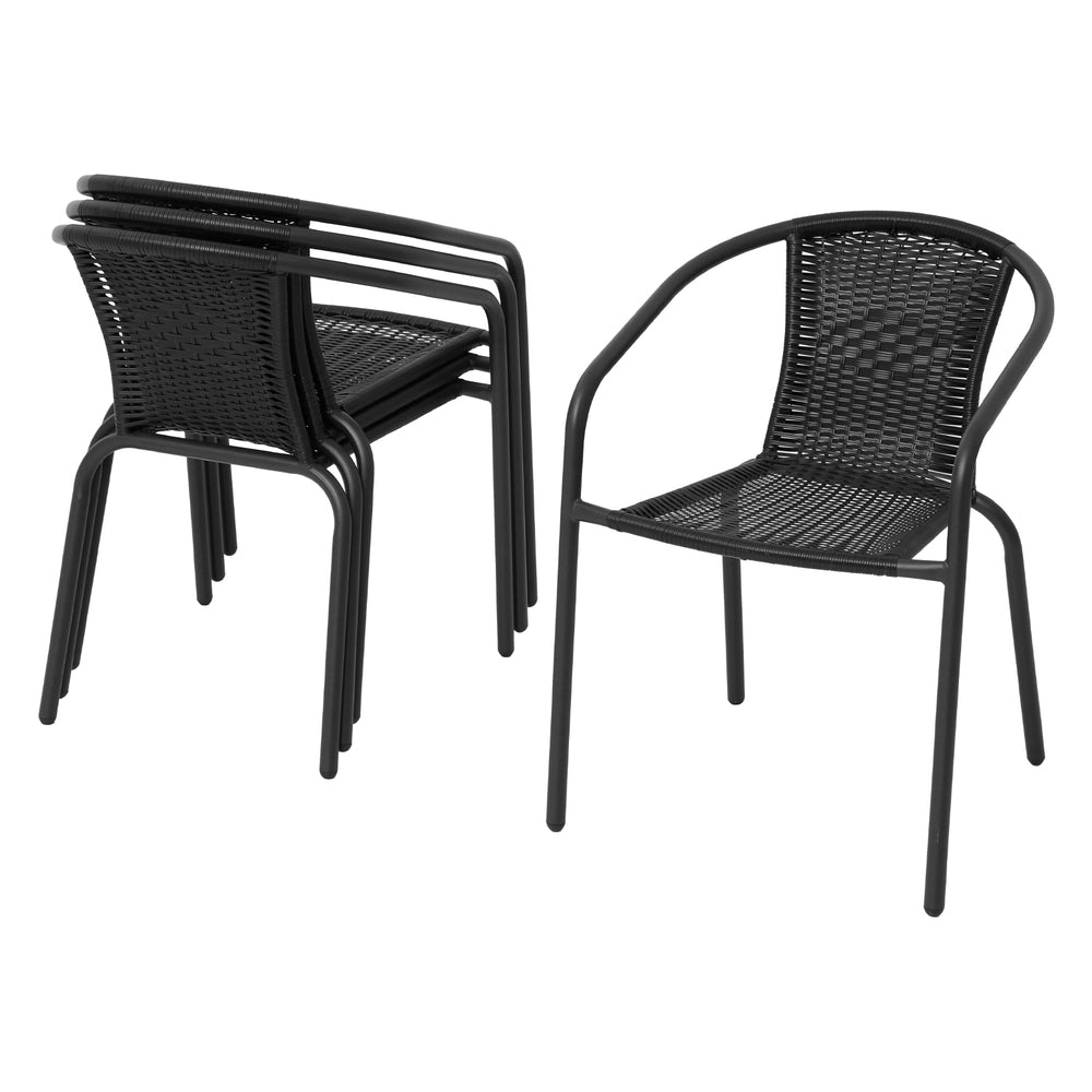 5 Piece Outdoor Dining Set with Stackable Chairs - Black showing four stacked chairs and one separate chair with woven design