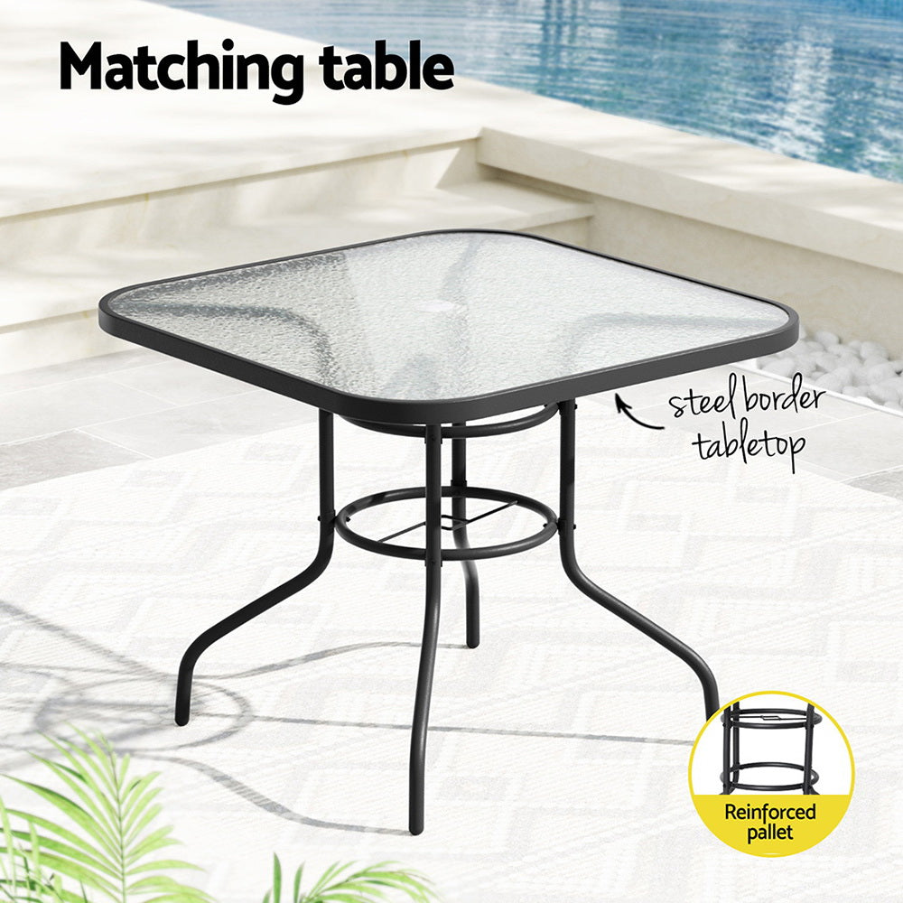 5 Piece Outdoor Dining Set with Stackable Chairs - Black matching square glass tabletop with steel border and black frame