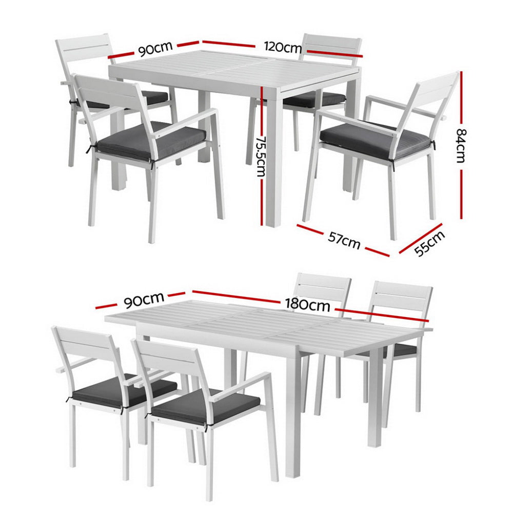 5-piece Aluminium Outdoor Dining Set with Extension Table - White