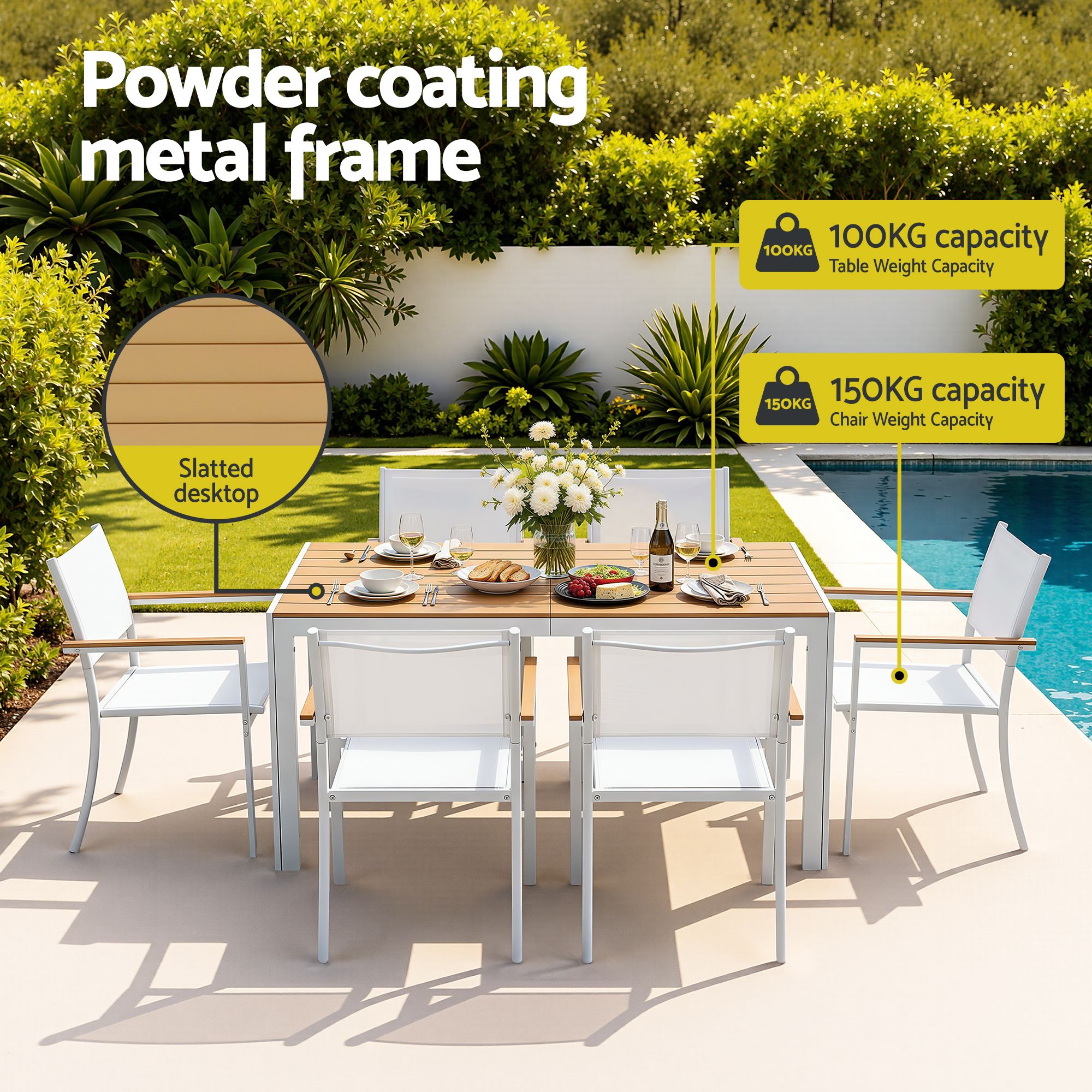 7PCS Outdoor Dining Set Table and Chairs Patio Garden Furniture Bistro Set White