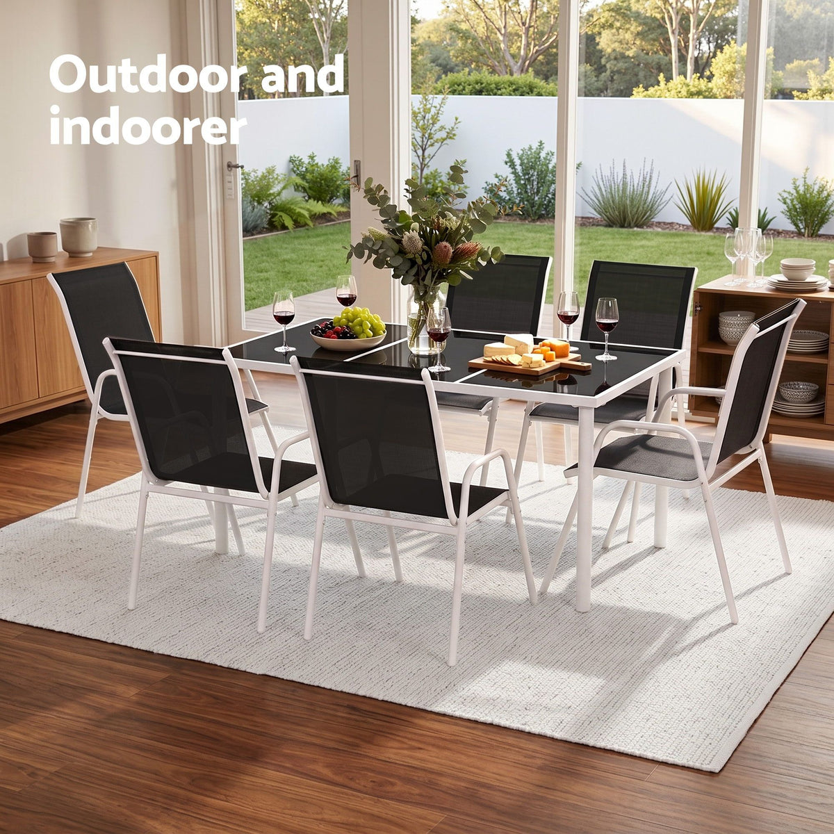 7 Piece Outdoor Dining Set with Steel Table & Textilene Chairs - Black
