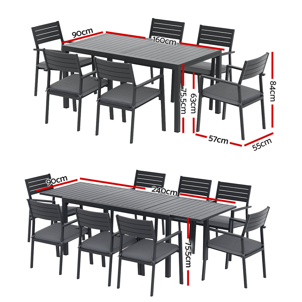 Outdoor Dining Set 9PCS Aluminum Extendable Table Chairs Patio Furniture with dark gray powder-coated frame and seat cushions