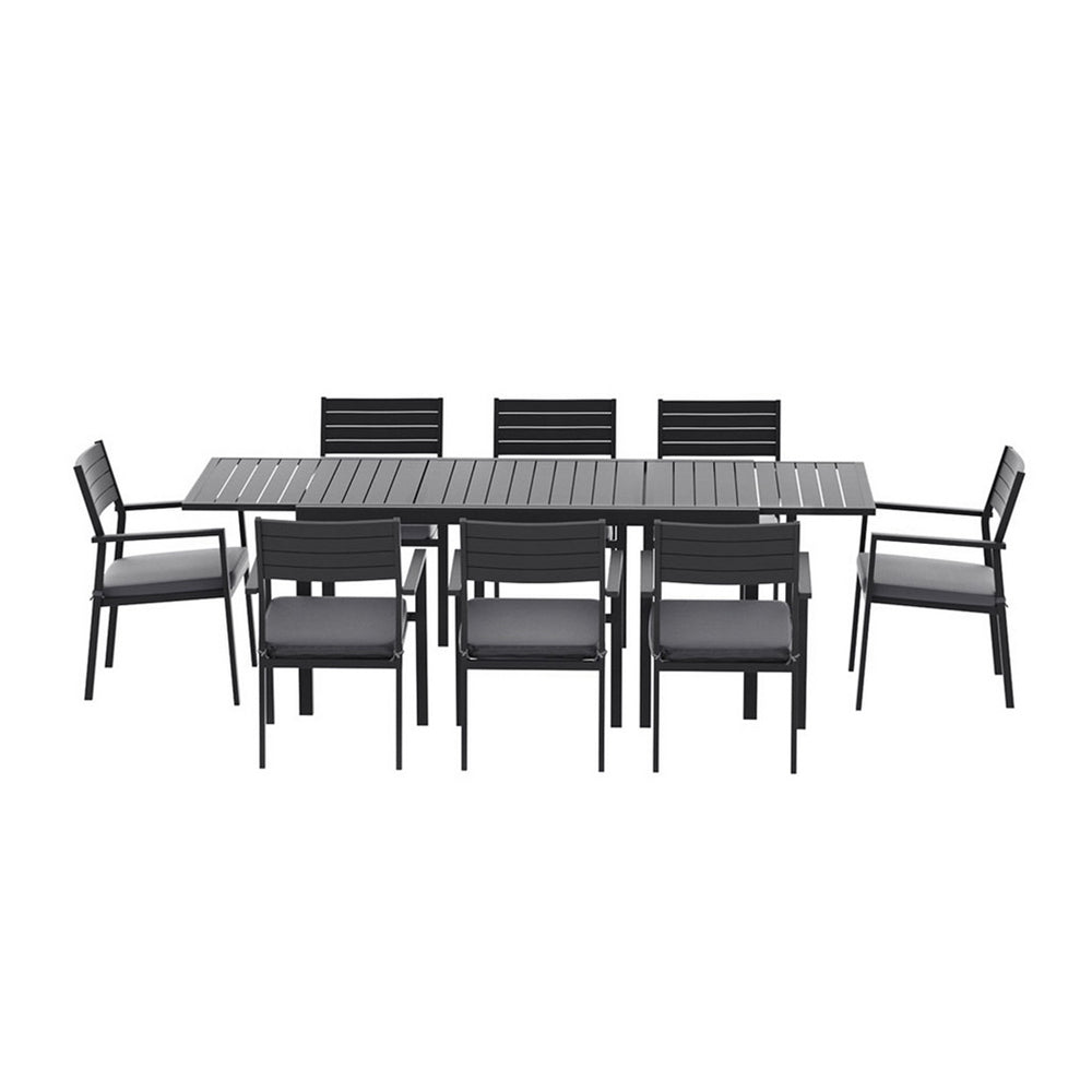 Outdoor Dining Set 9PCS Aluminum Extendable Table Chairs Patio Furniture with black slatted table and cushioned chairs