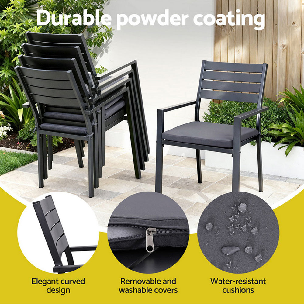 Outdoor Dining Set 9PCS Aluminum Extendable Table Chairs Patio Furniture with stackable black chairs and water-resistant cushions