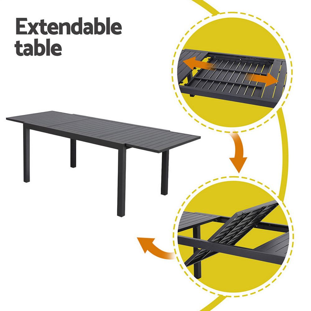 Outdoor Dining Set 9PCS Aluminum Extendable Table Chairs Patio Furniture with black extendable aluminum table close-up
