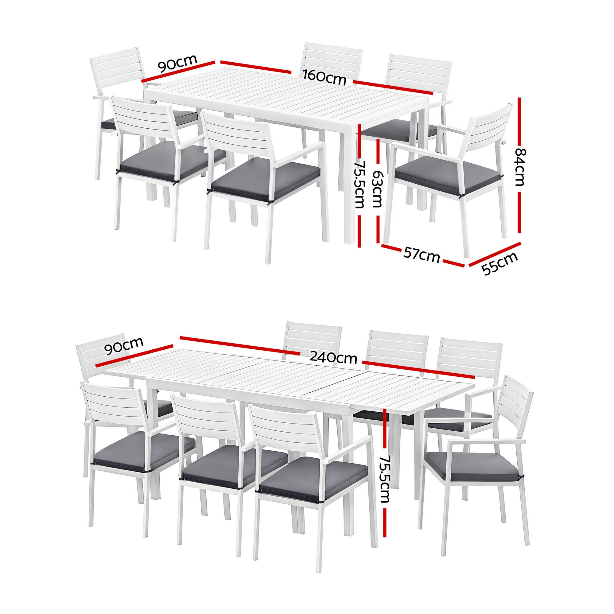 Outdoor 9PCS Extendable Aluminium Dining Set with Chairs - White & Grey