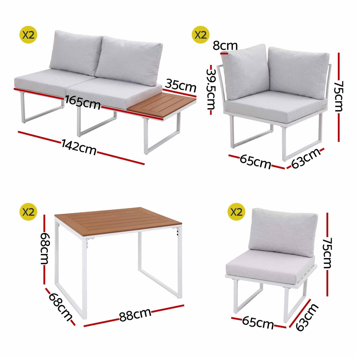 8 Seater Outdoor Modular Dining Sofa Set with WPC Side Tables - White