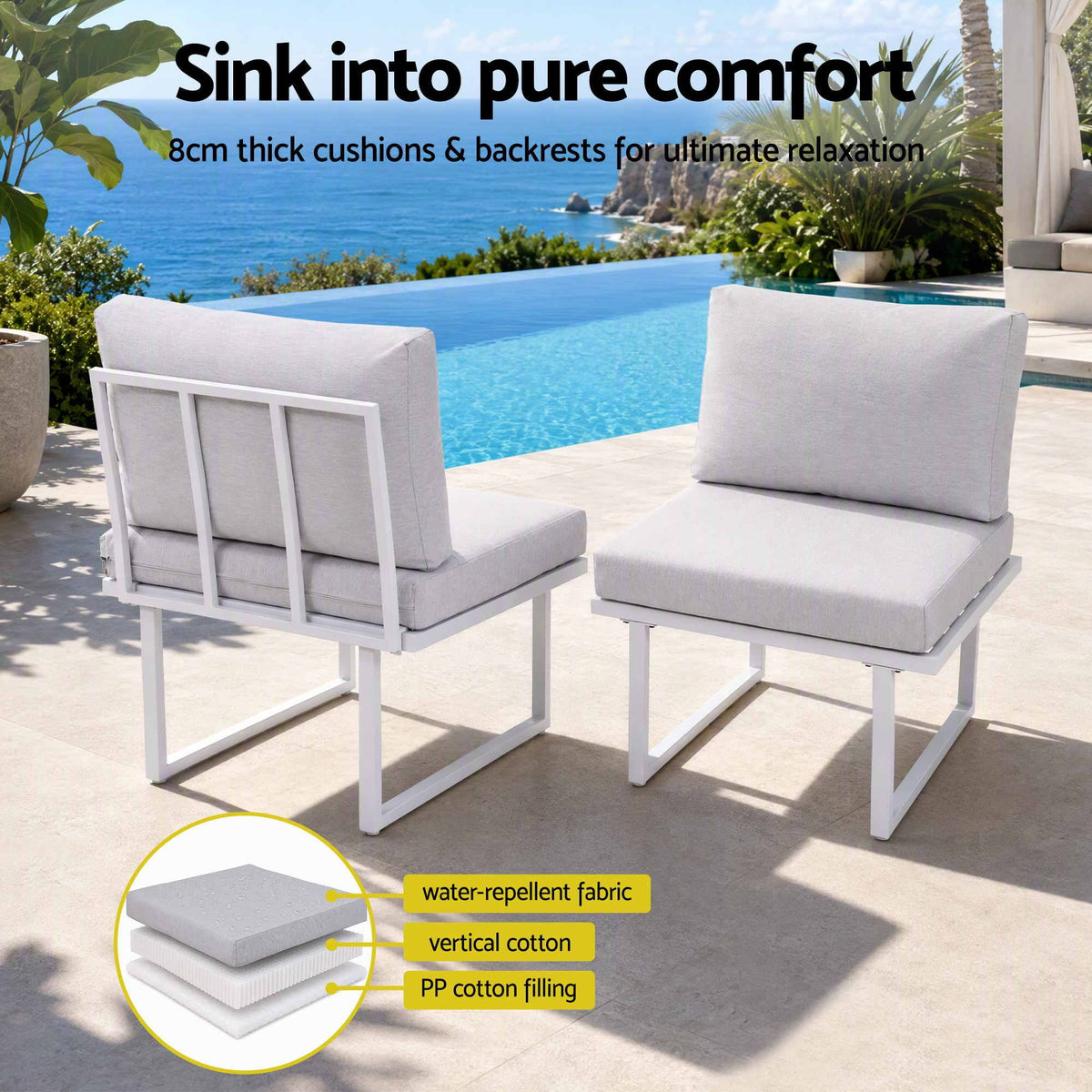 8 Seater Outdoor Modular Dining Sofa Set with WPC Side Tables - White