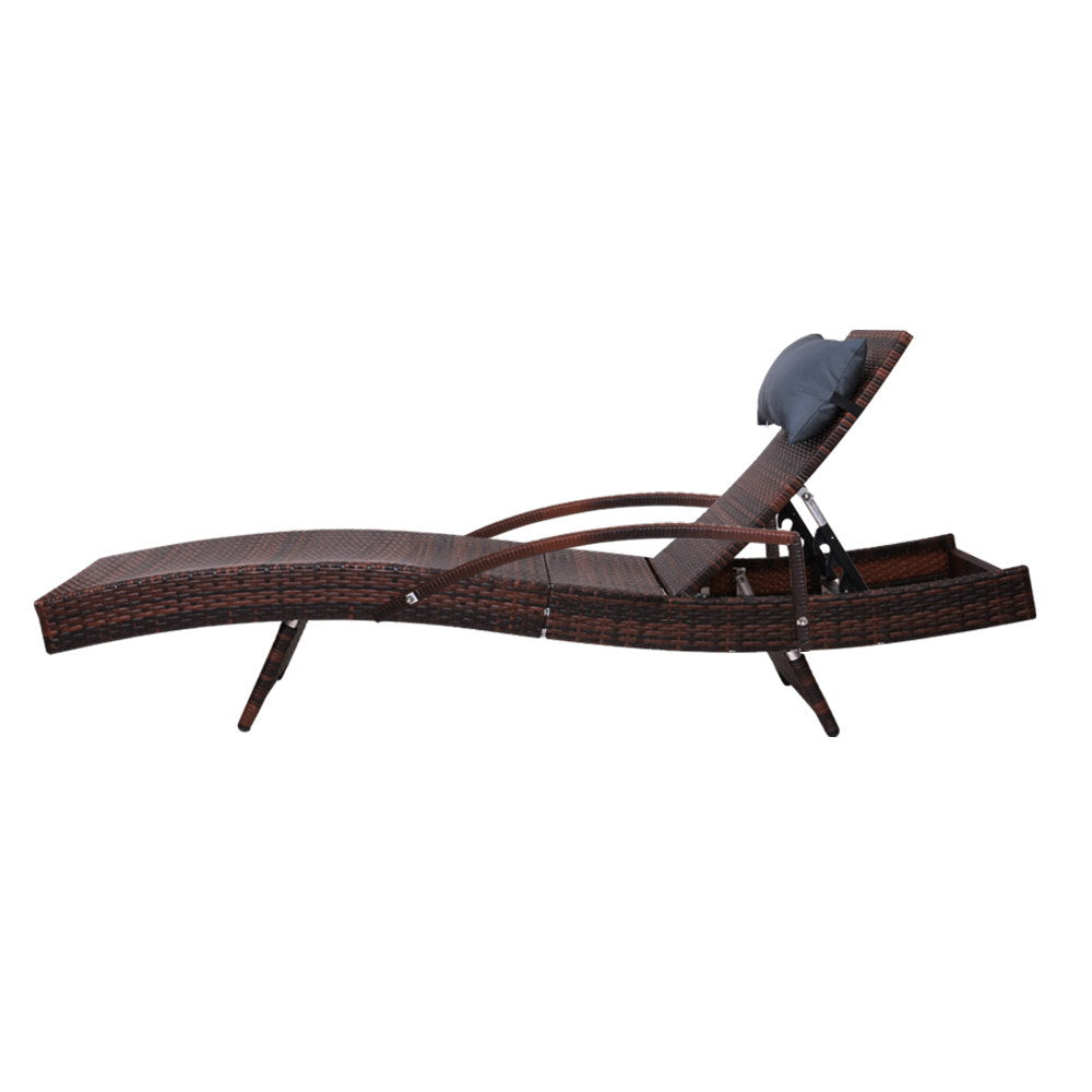 Set of 2 Bianca Outdoor Sun Lounger Chairs with Pillow Headrests - Brown woven UV-resistant PE wicker design