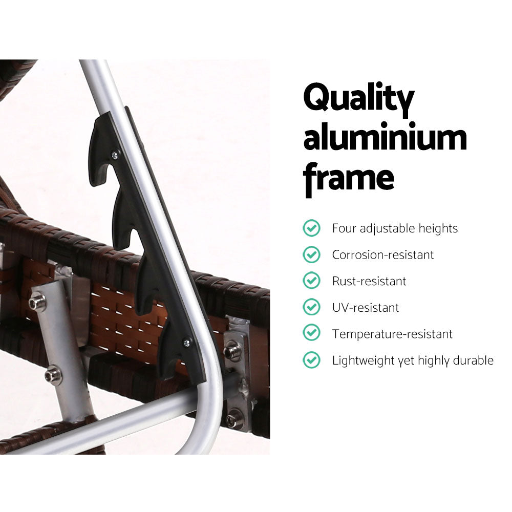 Close-up of the aluminium frame with adjustable height settings on the Set of 2 Bianca Outdoor Sun Lounger Chairs with Pillow Headrests - Brown