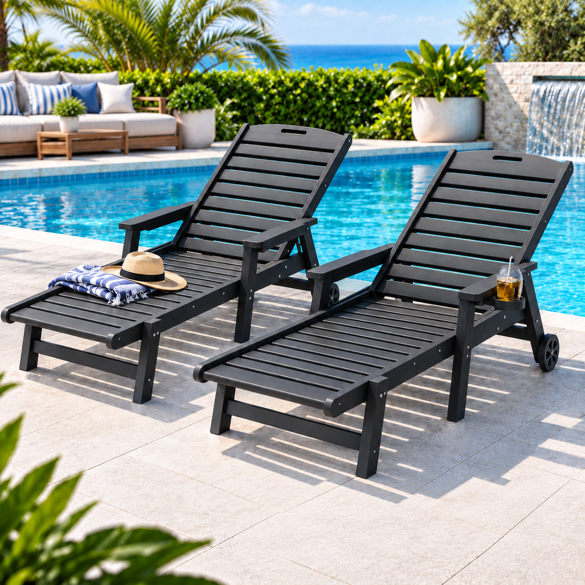 2PCS Adjustable Sun Lounge Lounger Beach Chairs with Wheels - Black