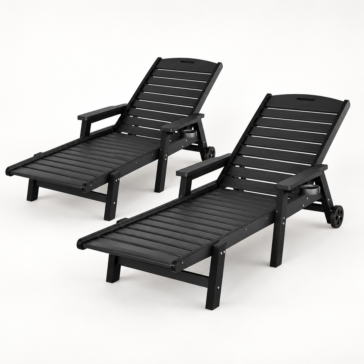 2PCS Adjustable Sun Lounge Lounger Beach Chairs with Wheels - Black