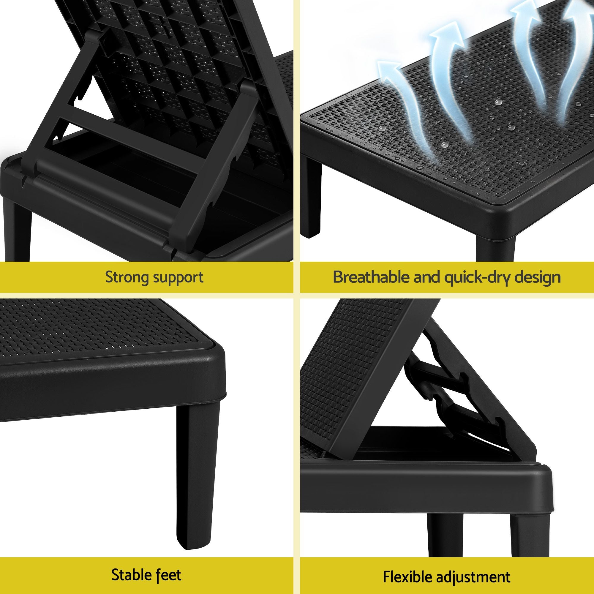 Adjustable Outdoor Sun Lounger Patio Furniture Lightweight - Black